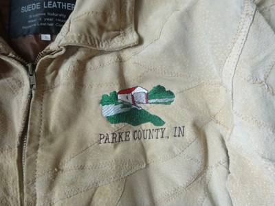 GENUINE SUEDE LEATHER ITIALIAN STONE DESIGN BEIGE COAT SIZE L PARKE COUNTY IN