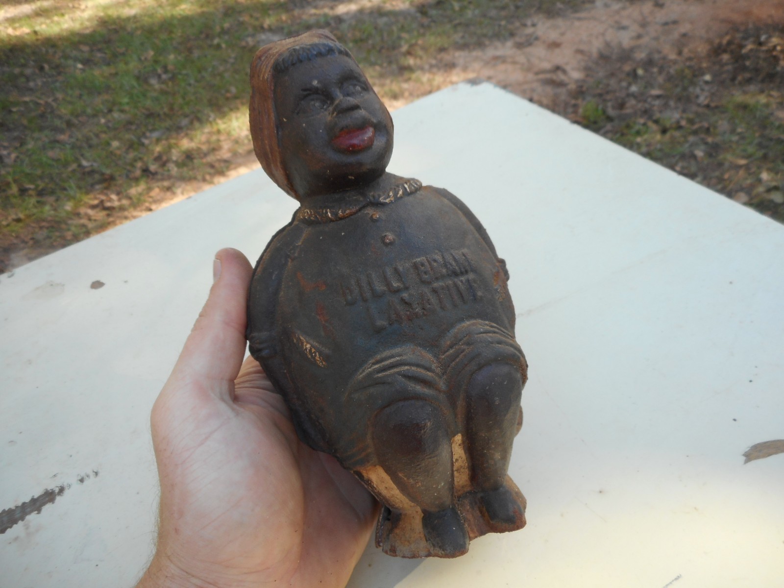 Cast Iron Dilly Brand Laxative Black Americana Still Piggy Bank 100% Authentic