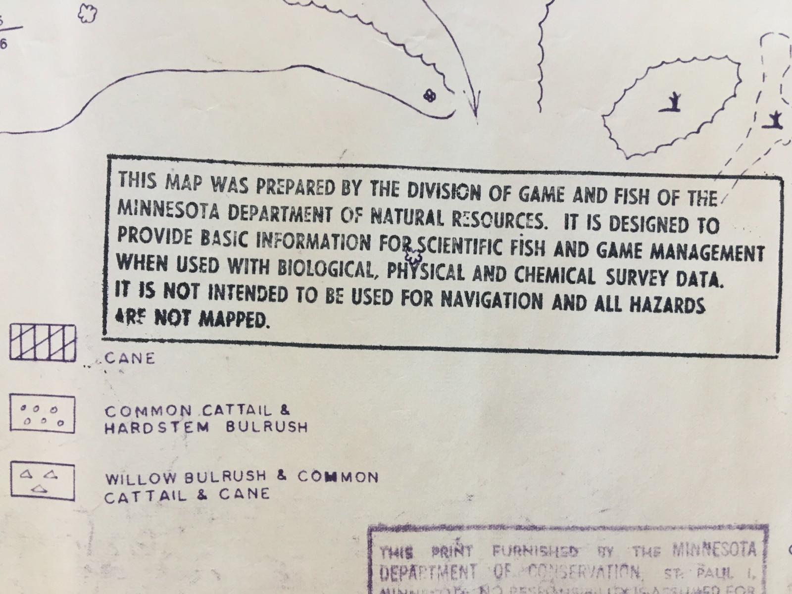 State of MN Dept of Conservation Div of Game and Fish Map 1960 Tamarack Lake