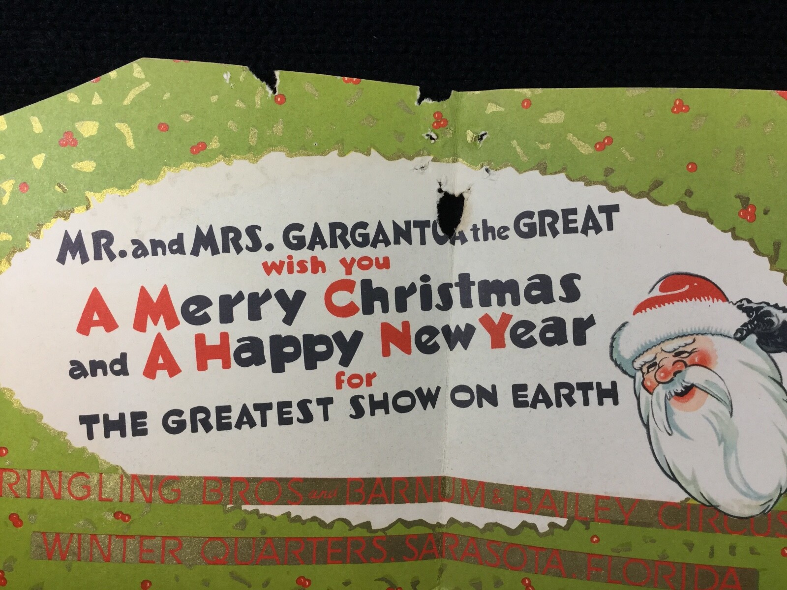 VINTAGE 1941 RINGLING BROS MR & MRS GARGANTUA GORILLA CHRISTMAS CARD BILL BAILEY