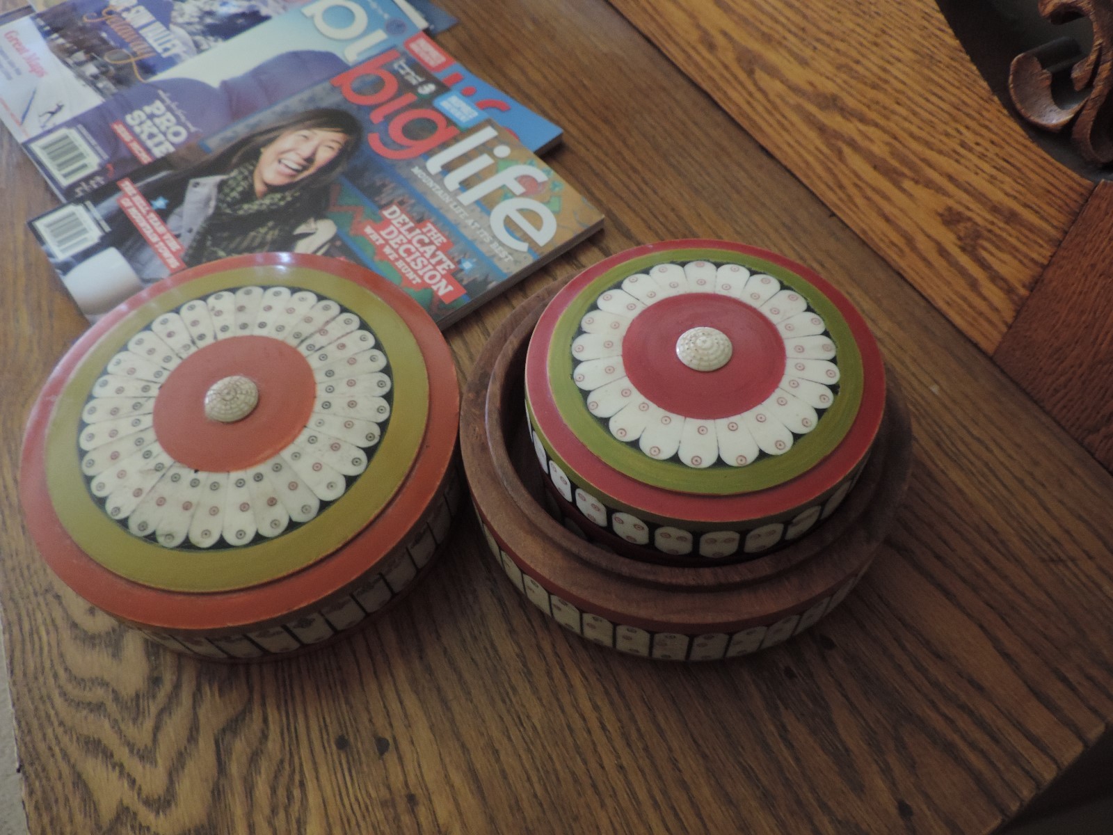 Set Of 3 Wood and Bone Round Boxes-Inlaid Bone- Red, Green, White