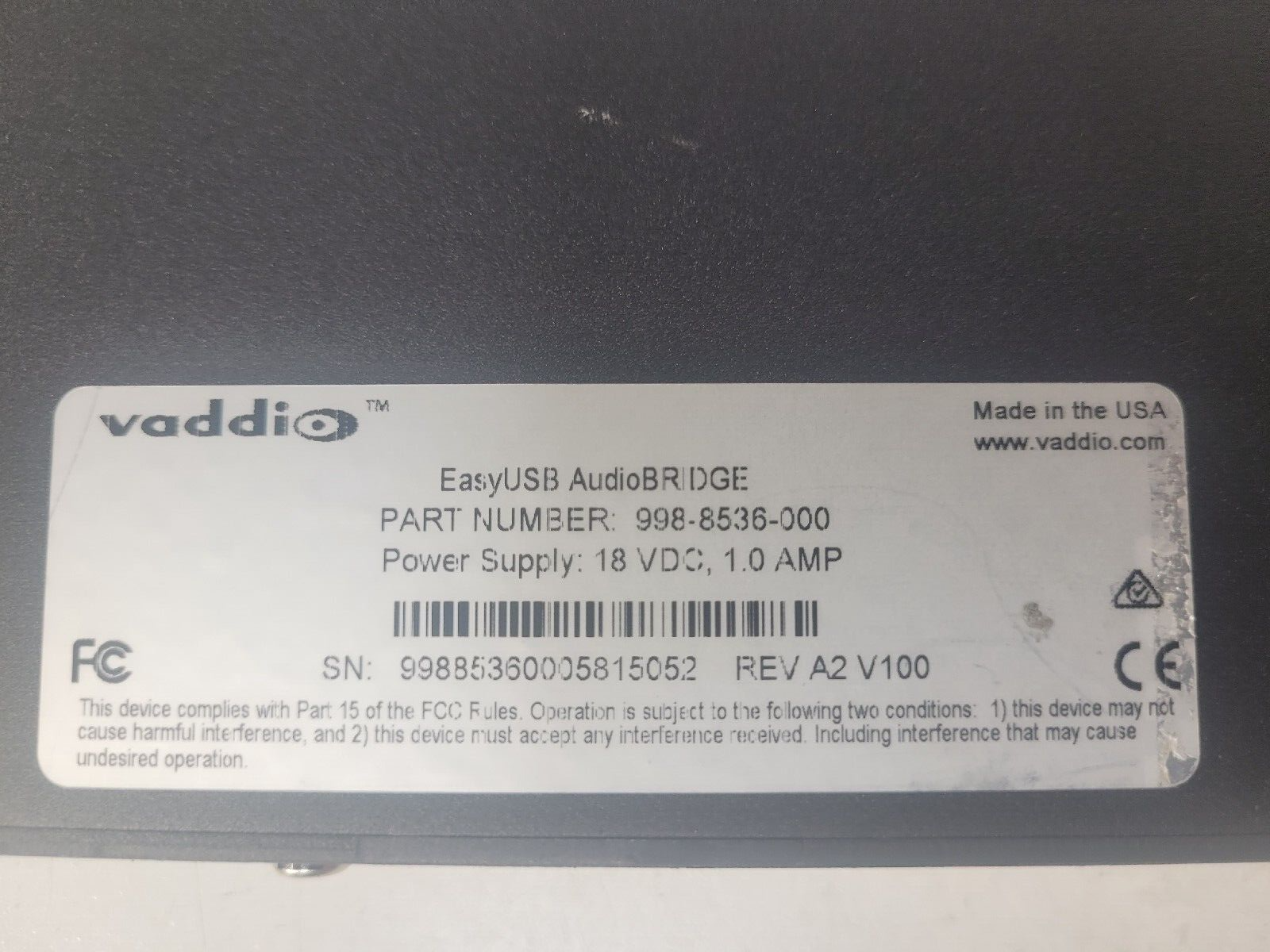 Vaddio Easy USB 998-8536-000 AV Bridge Mini HD Audio Video Encoder w AC Adapter