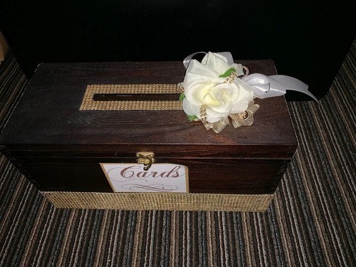 Large Wooden Wedding Card Box Brown Embellished With Rhinestone Ribbon, Flowers