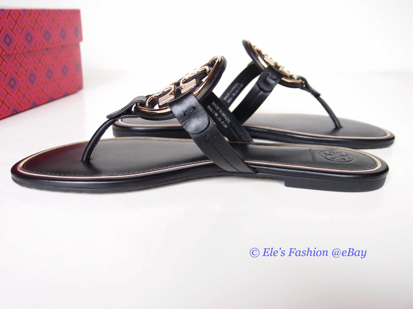 Pre-owned Tory Burch Metal Miller Thong Flip Flop Leather Sandal Black Us 7 Authentc