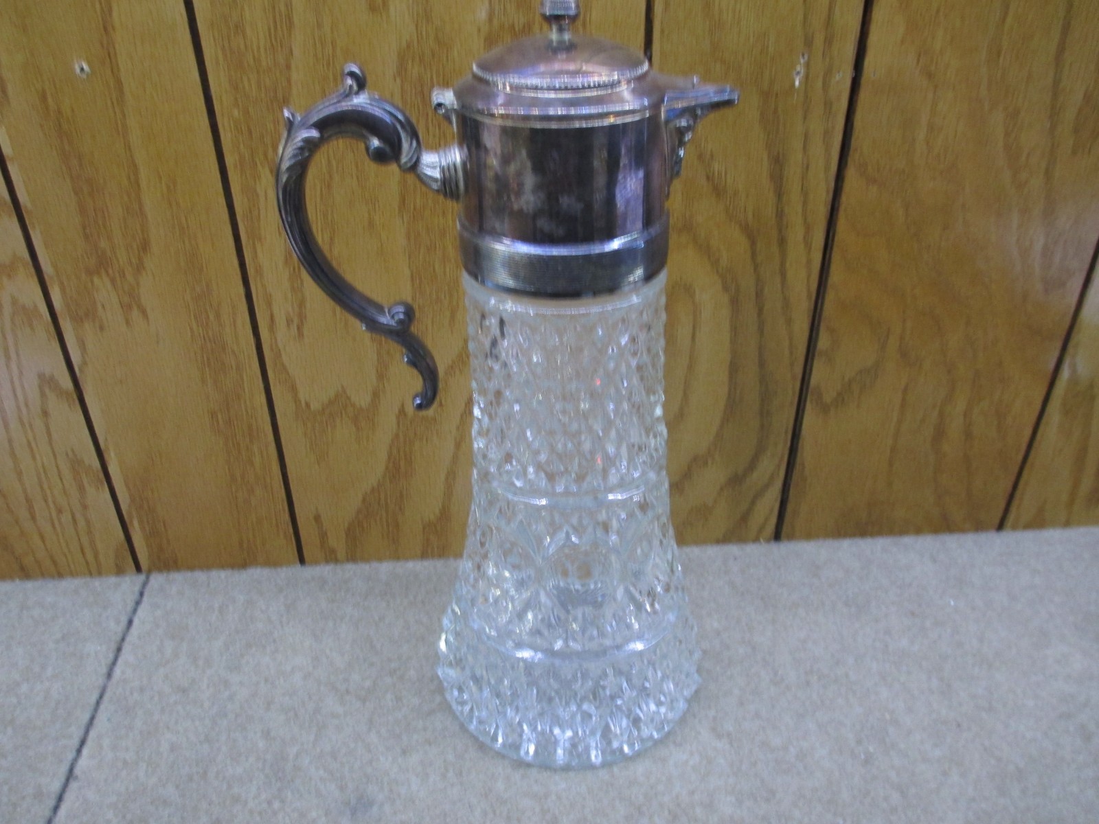 Vintage GLASS & SILVERPLATE Wine Whiskey Carafe Decanter Pitcher Ornate 14