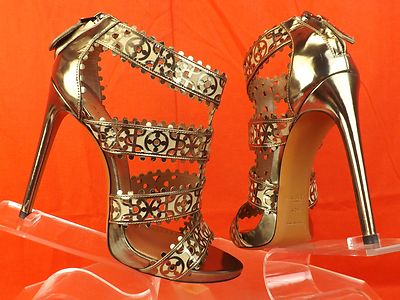 Pre-owned Paris Alaia Dark Silver Laser Cut Patent Leather Platform Sandals Pumps 40 $1550 In Dark Silver /beige