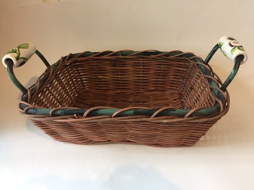 Set Of 2- Wicker Baskets-Ceramic Apple Handles-Green-Vintage-Storage