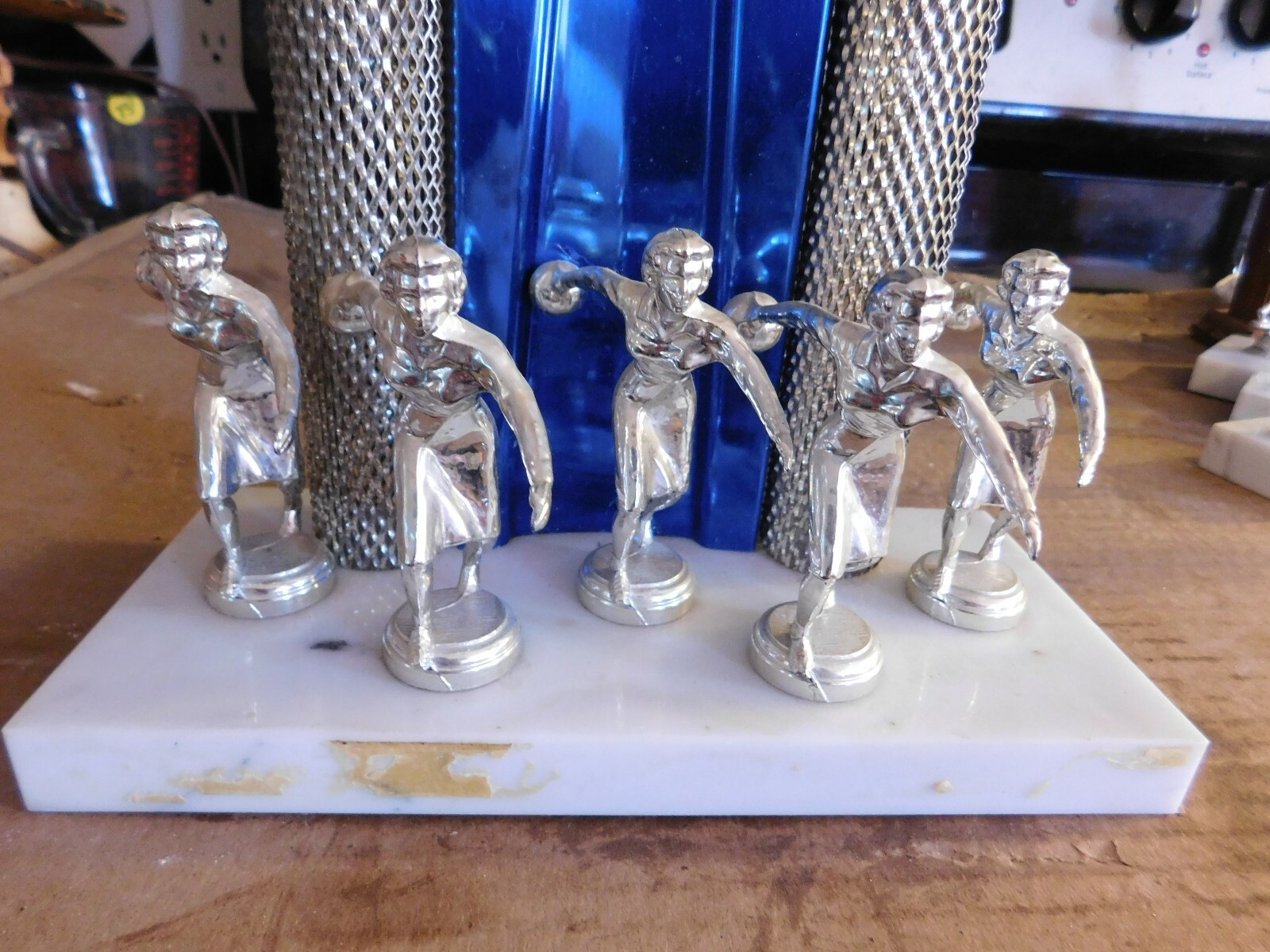 VINTAGE LARGE BOWLING TROPHY W/MULTI METAL TOPPERS