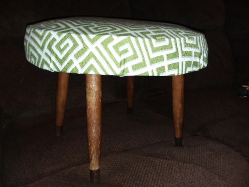 vtg MID CENTURY MODERN VINYL AND WOOD FOOT STOOL OTTTOMAN eames era recovered