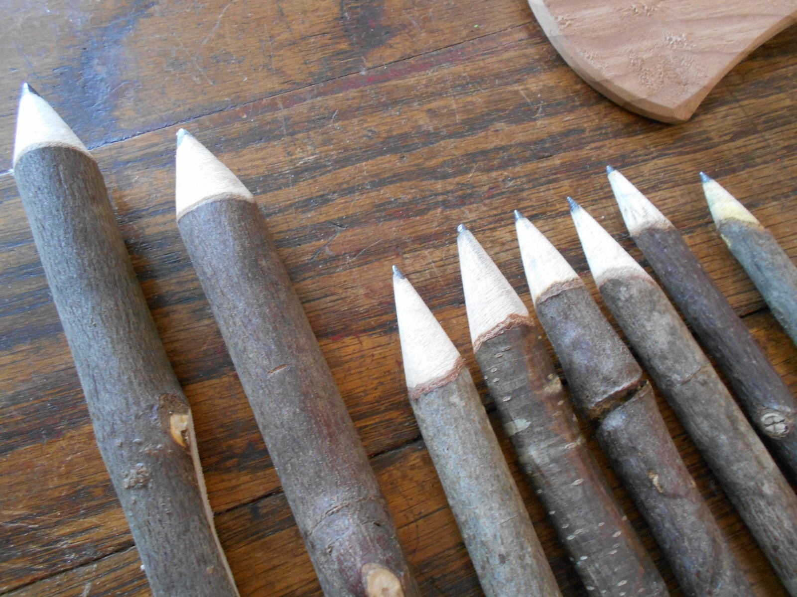 8 hand crafted Iowa Natural tree branch w bark writing pencils & 2 wood hatchets
