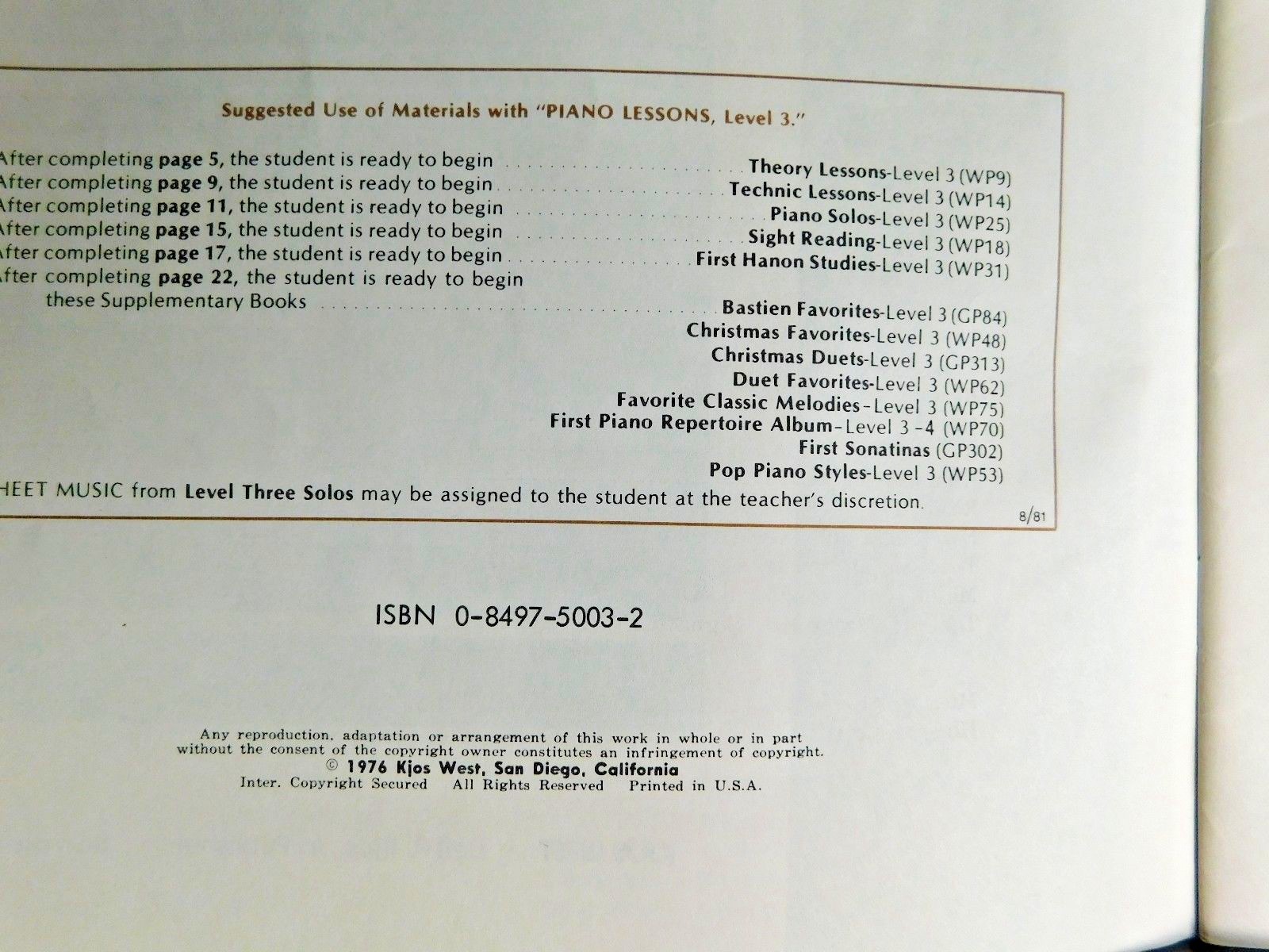 Piano Lessons: Level 3: The Bastien Piano Library - 1976 instruction PB