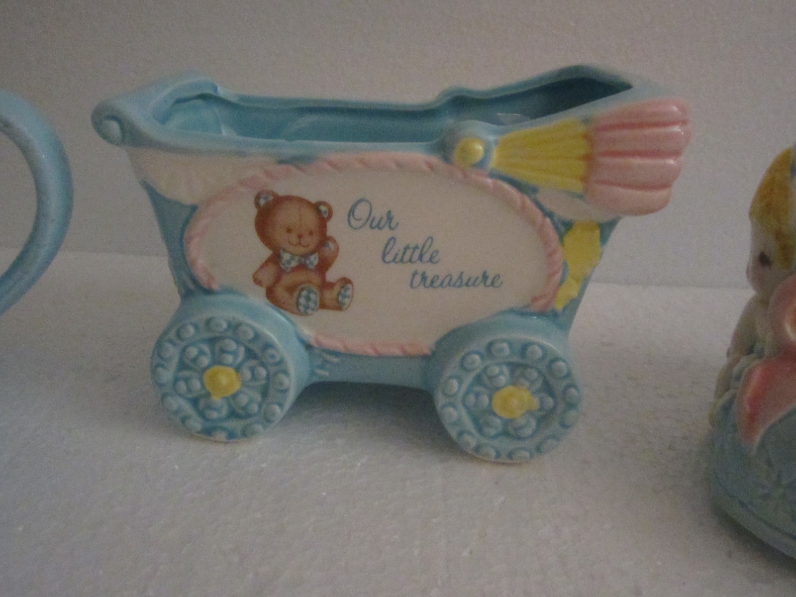 Vtg Lot Of 3 Nursery Planter Cradle Baby Shower Decor Blue Ceramic  Lefton Japan