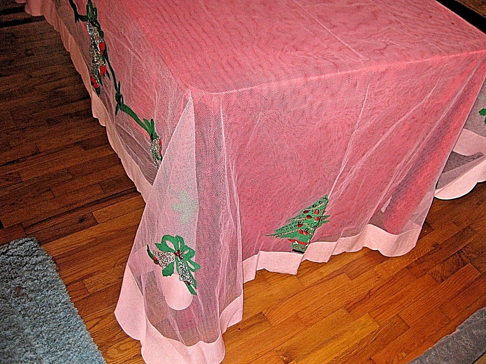 Tablecloth Christmas Pink Net with Sequin Embellished Bells Trees 107x75 Vtg