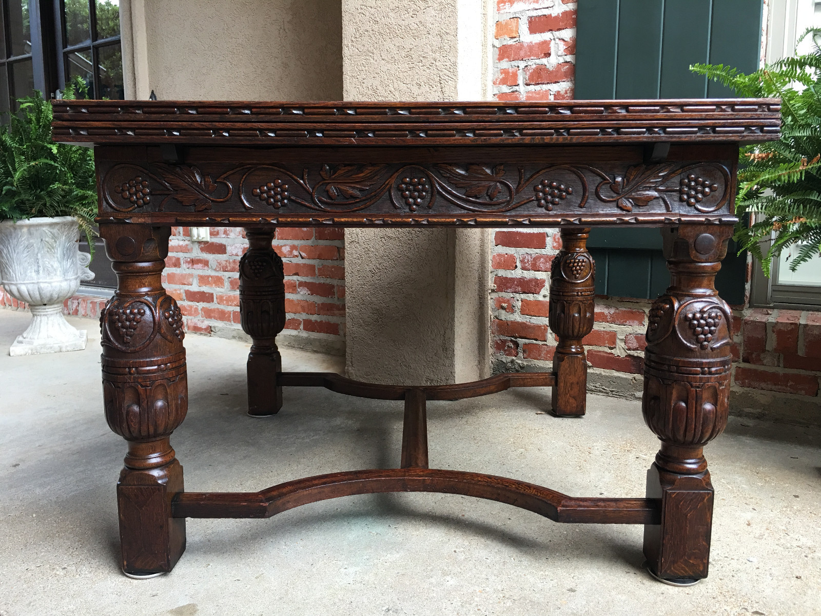 Large Antique English Carved Tiger Oak Draw Leaf Dining TABLE Jacobean Square