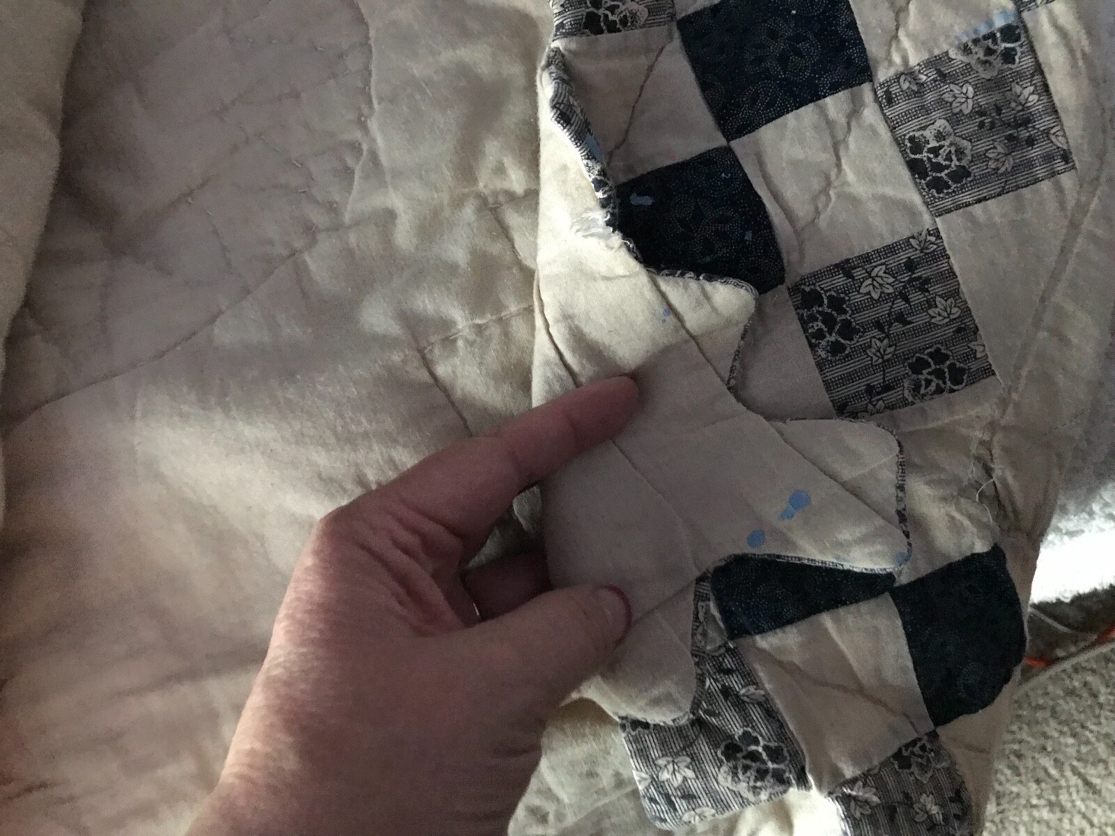 Vtg Blue Cream Hedaya home QUILT Quilted BLANKET Bedspread 92X84 DBL & Sham