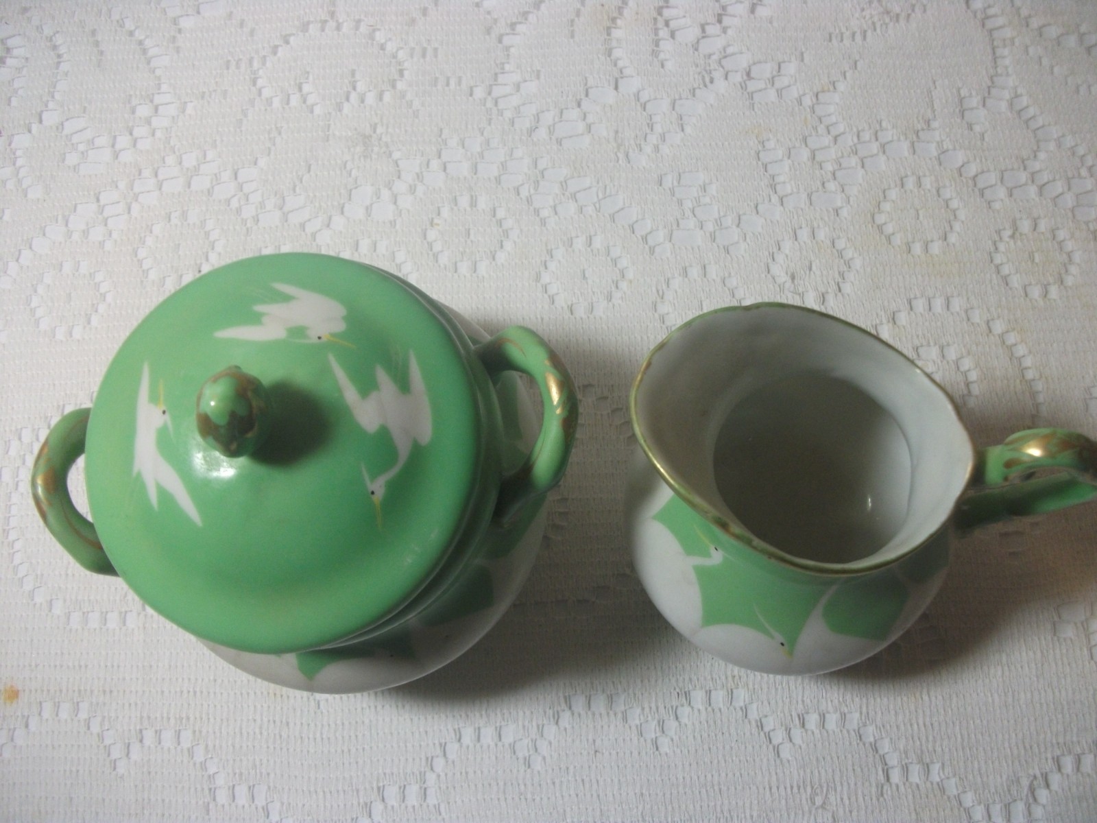 Antique - Vintage Sugar & Creamer Green & White Bird Design