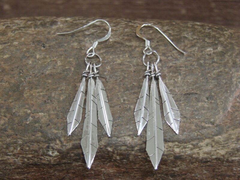 Navajo Indian Sterling Silver Feather Dangle Earrings by Arviso
