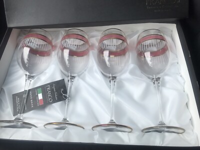 Franco Vetrerie e Cristallerie Gold Stripe Crystal 4 Wine Glasses New In Box