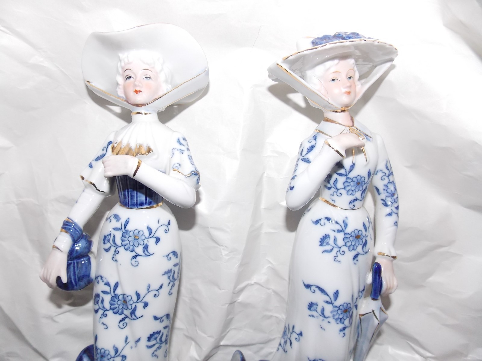 2 Vintage KPM Blue & White Porcelane  Grand Ladies With Large Hats