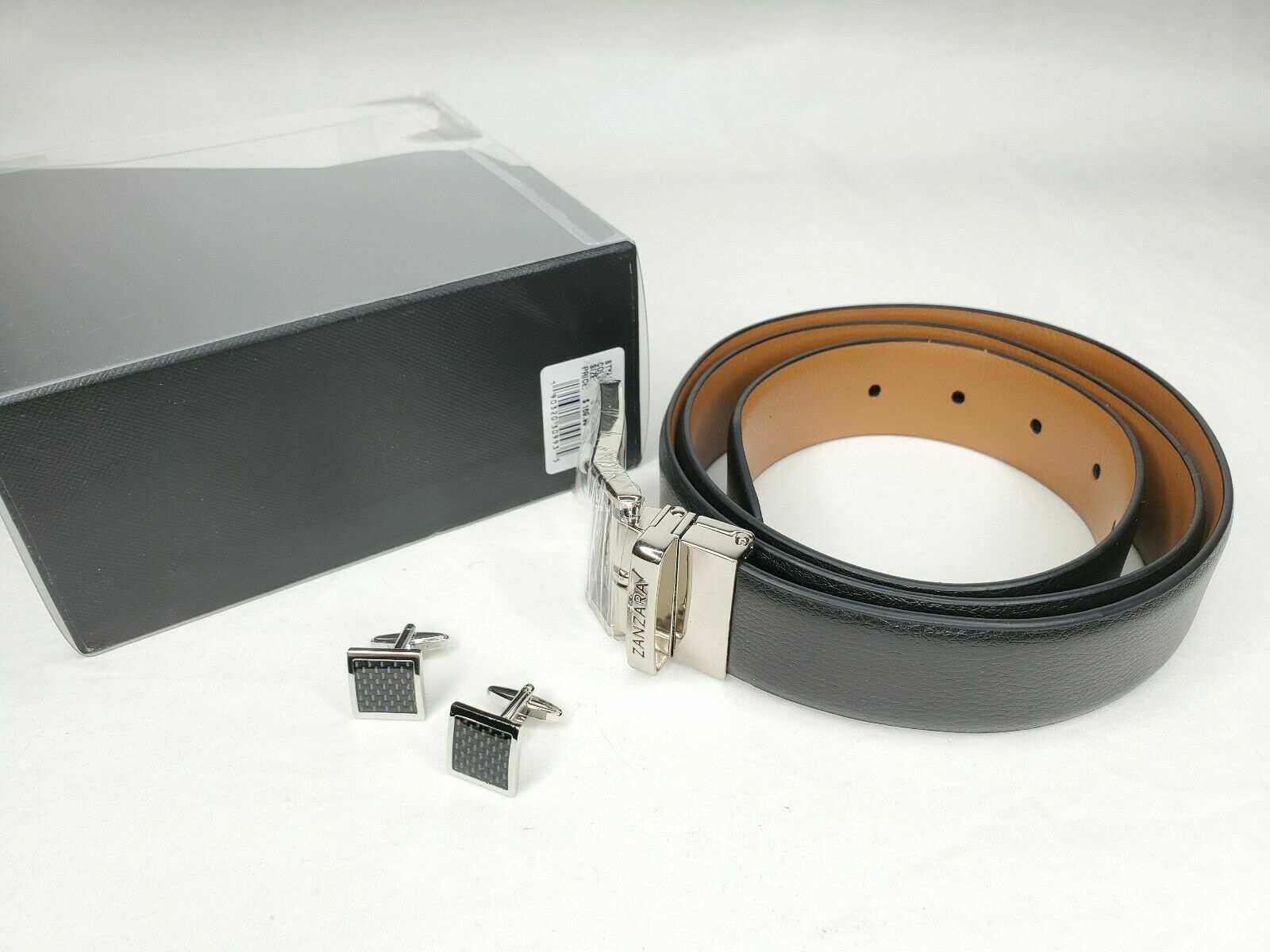 Zanzara Mens Reversible Leather Belt and Cuff links Set