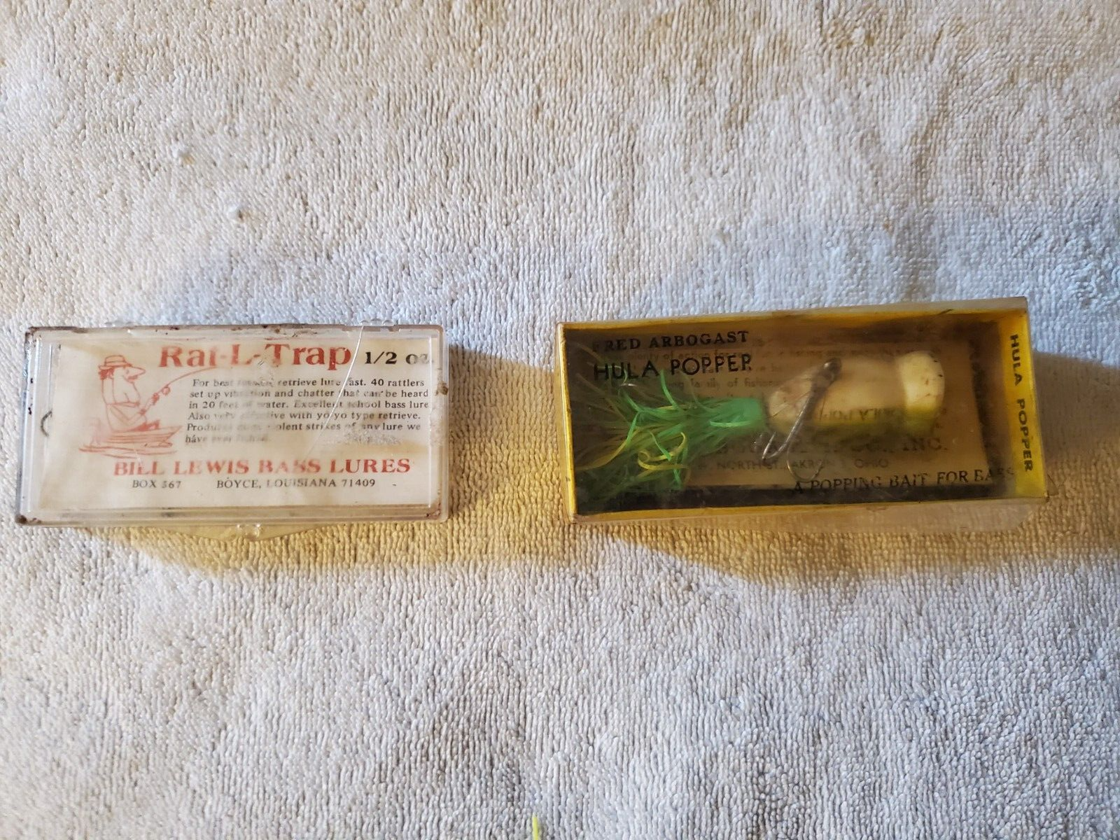 Frog Pattern Arbogast Hula Popper in 750R Box w Insert & Bill Lewis Rat-L-Trap