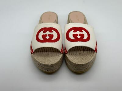 Pre-owned Gucci Pilar Gg Canvas Espadrille Slide Mule Sandal Flat Platform Shoes $580 In White, Red