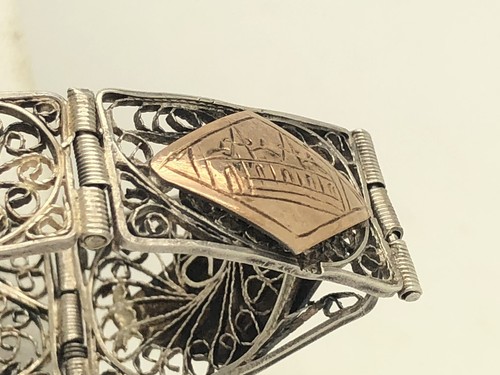 Egyptian Revival Sterling Silver Gold Accent Bracelet Filigree Sphinx Pyramids