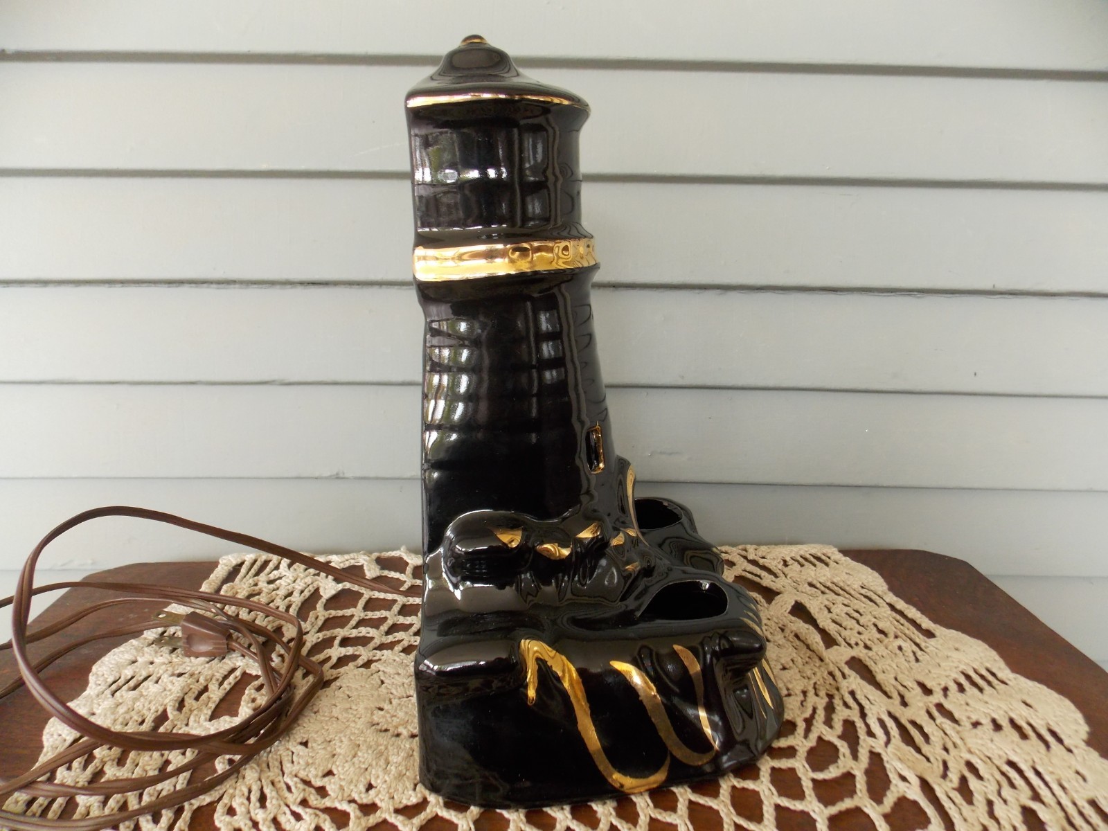 Vintage TV Table Lamp Black with Gold Highlights Ceramic Lighthouse Retro