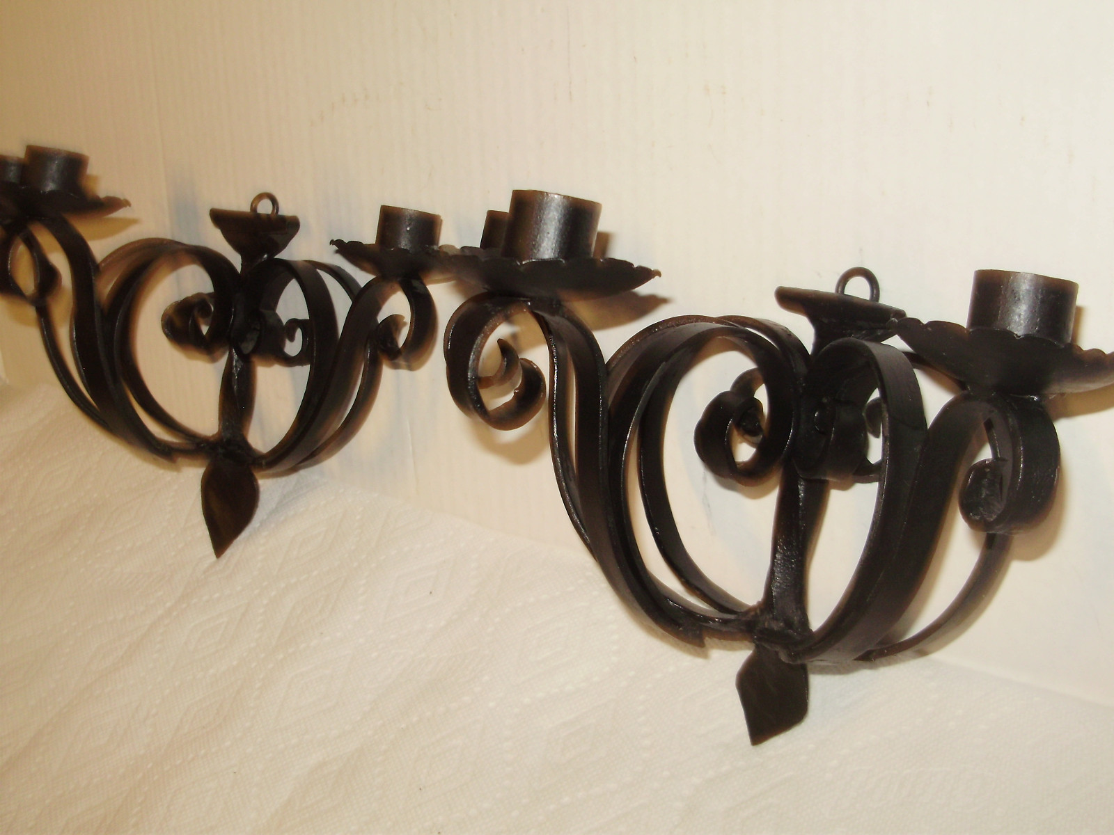 ANTIQUE 1920'S BLACK WROUGHT IRON SPANISH 3 SCONE  WALL-CANDLE HOLDER SET