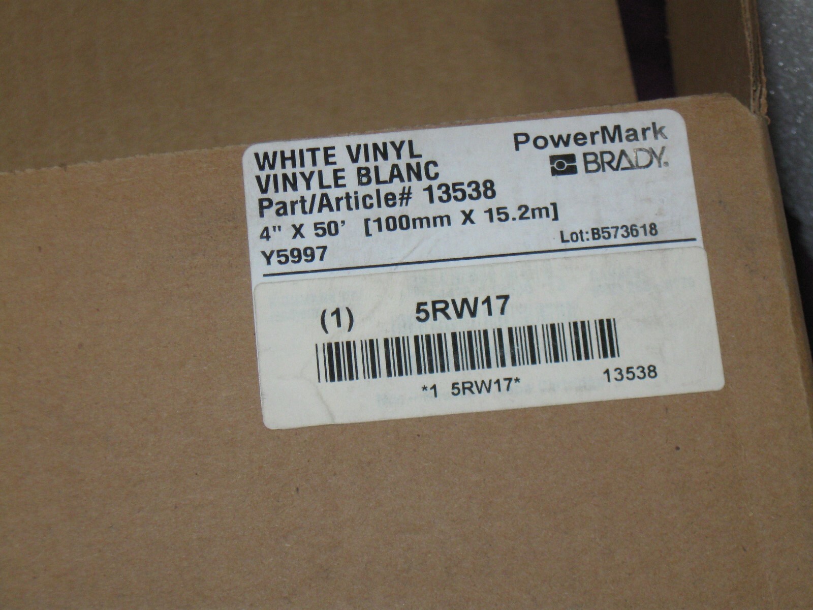 BRADY PowerMark 13538 White Vinyl label roll, 4