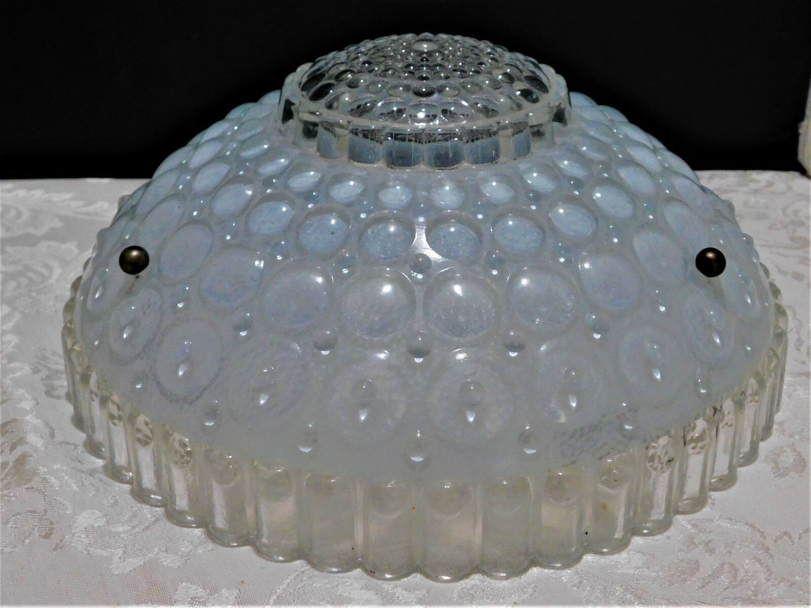 Vtg Pressed Blue Hobnail Glass 3-hole Hanging Ceiling Light Shade