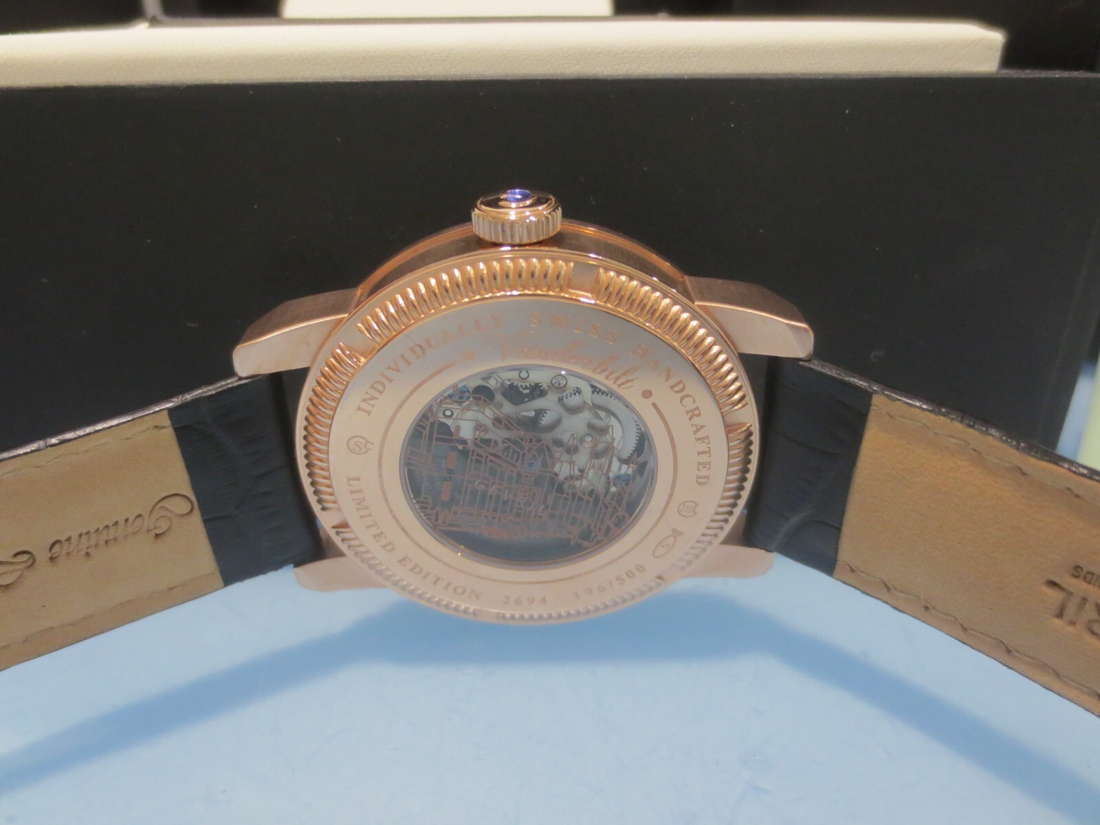 Pre-owned Gevril Men's 2694 Vanderbilt Swiss Automatic Rose Gold Open Heart Leather Watch