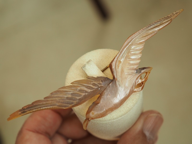 Broche Ancienne Art Nouveau Mouette Corne Sculptee Antique Carved Horn Brooch