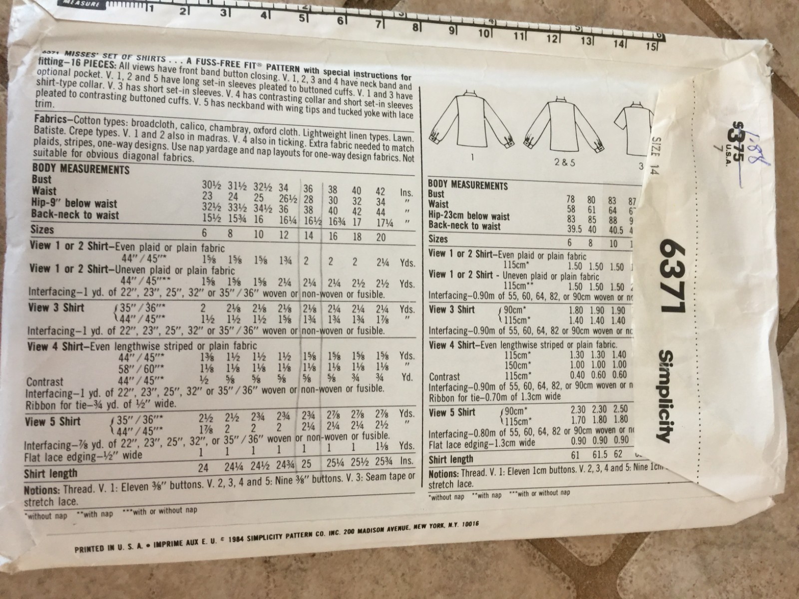 Vintage Simplicity Women's Pattern #6371 Size 14 4 Shirts Styles