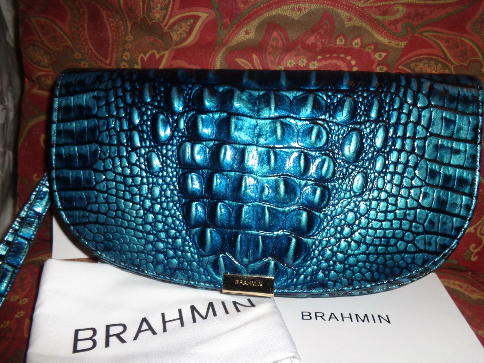 NWT BRAHMIN SANDRINE VERDIGRIS CROCO EMBOS LEATHER CLUTCH WRISTLET BAG