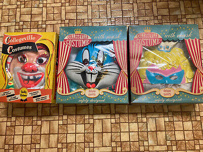 3 Vtg Collegeville Deluxe Costumes  Masks - Clown, Bugs Bunny, Bride, w/box