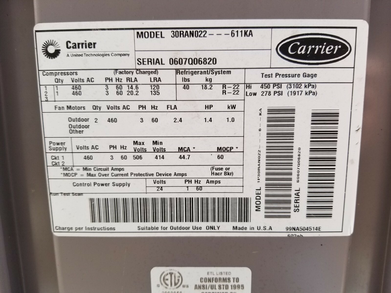 Carrier AQUASNAP 22 Ton 30RAN022-611KA Chiller Unit  Excellent condition