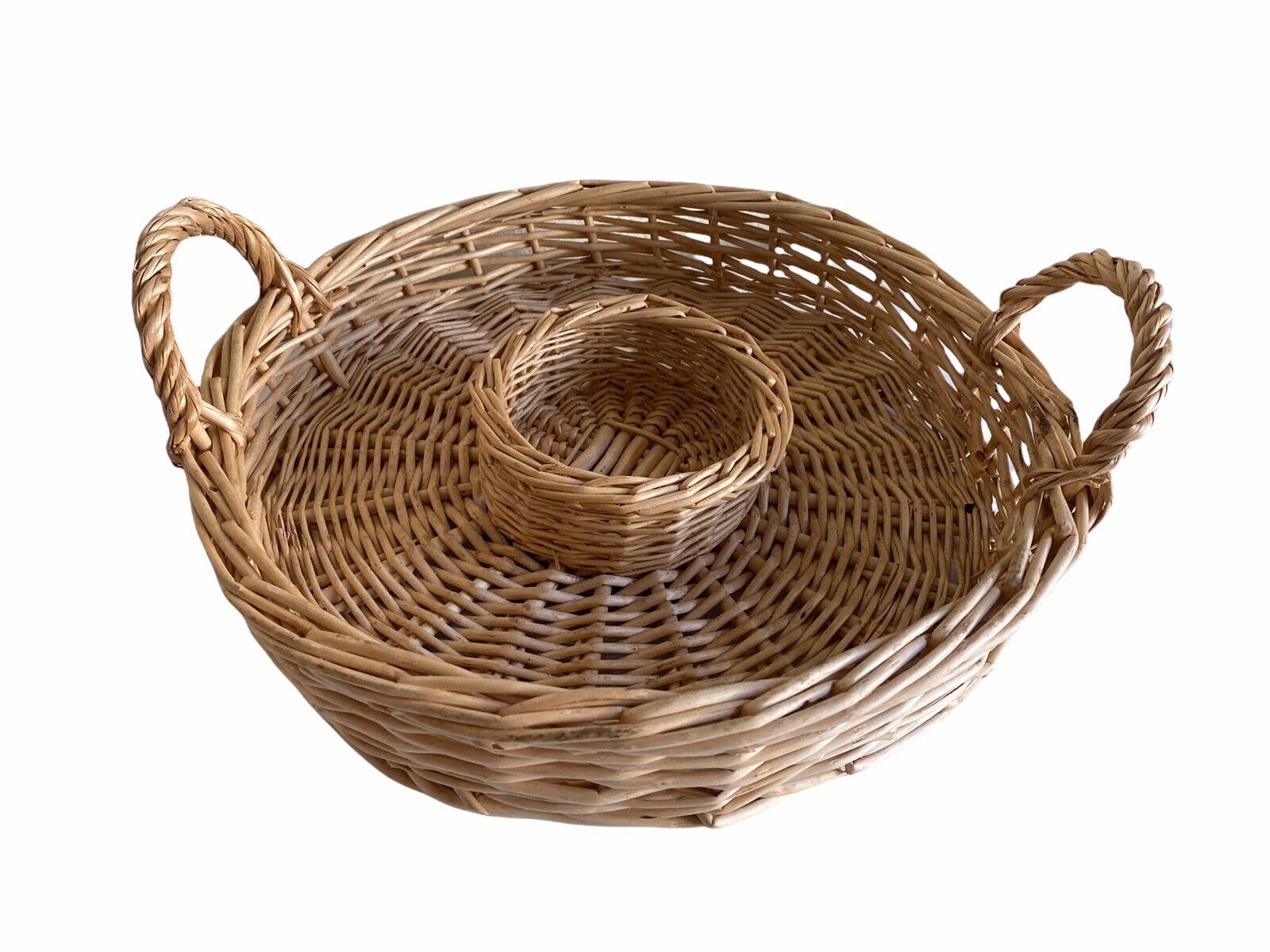 Vintage Chip Dip Serving Basket Straw Wicker Round Tray Boho ...