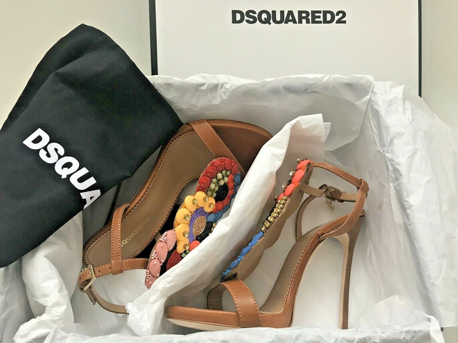 Pre-owned Dsquared2 7 7.5 Brown Beaded Embellished Strappy Stiletto Party Sandals $890