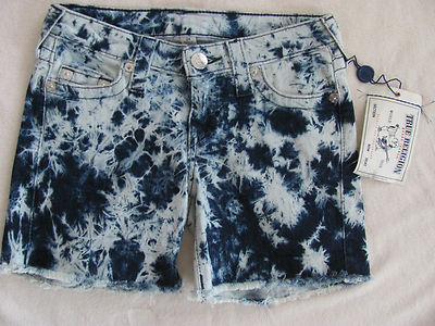 True Religion Mid Length Cut Off Shorts-Blue Tie Dye-Flare Away-Size 24-NWT $174