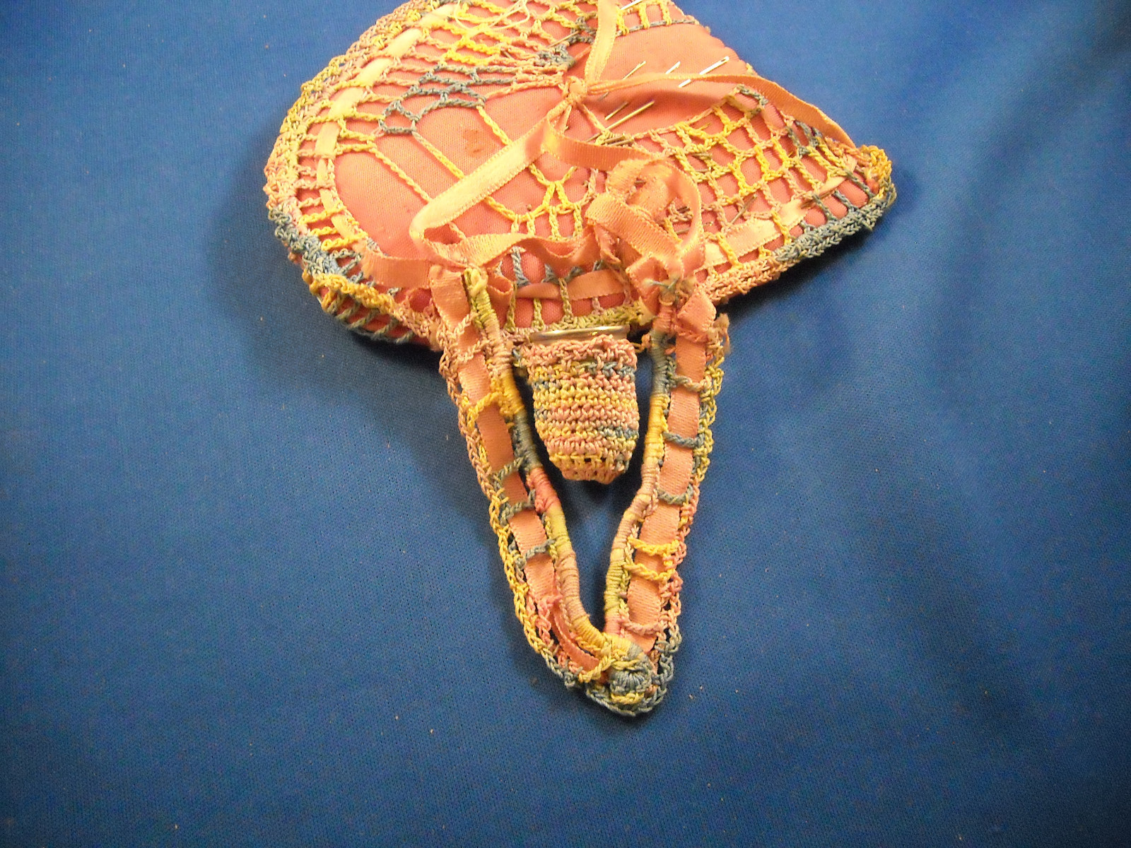 VINTAGE CROCHET COVERED SATIN  PIN CUSHION WITH HEART SHAPED THIMBLE HOLDER