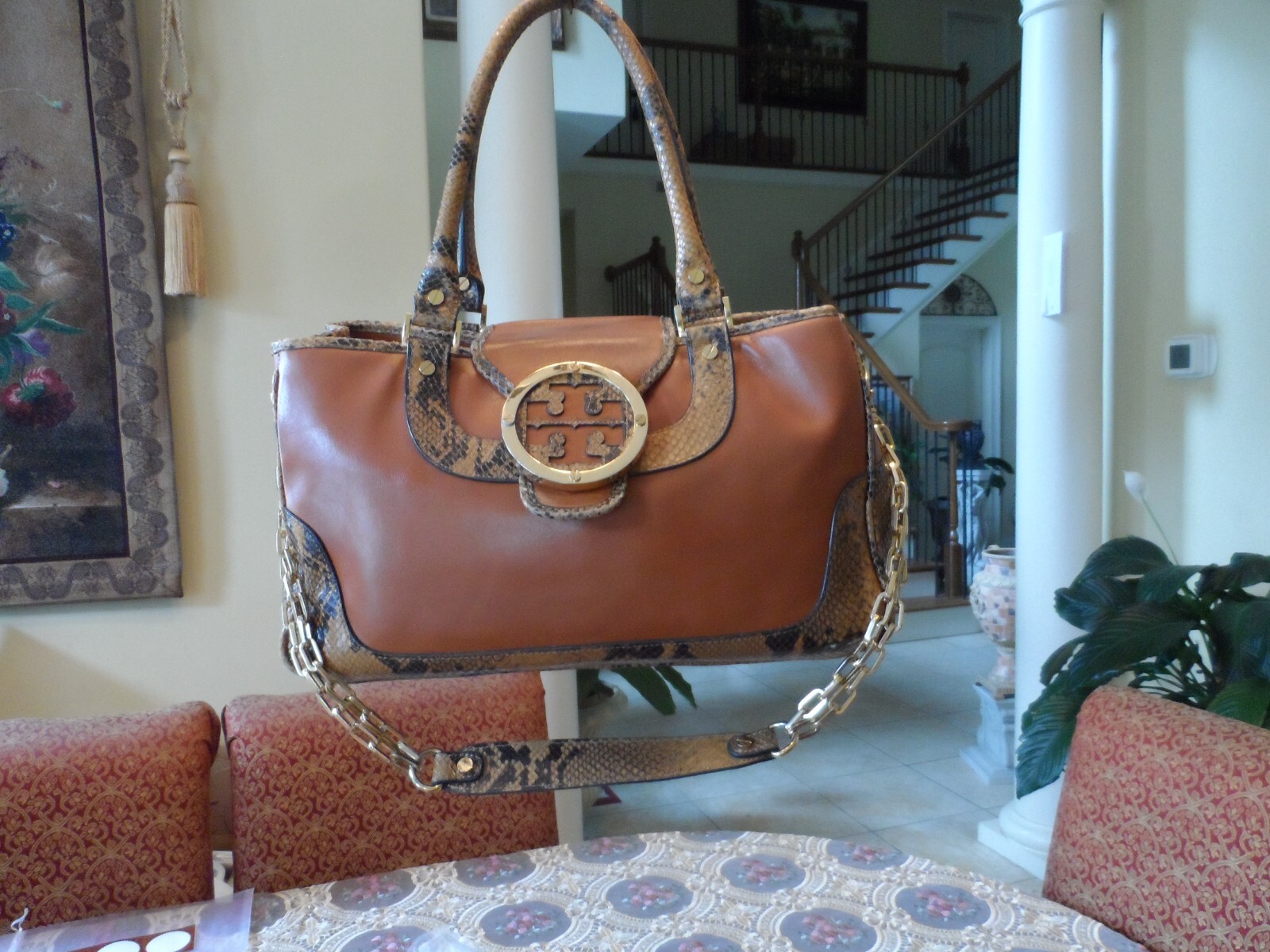 バッグ TORY BURCH Tory Burch Saddle Brown-Phython Print Shoulder Bag w/Chain