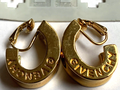 vtg BIJOUX GIVENCHY gold logo hoop EARRINGS retro mod clip on ring dangle signed