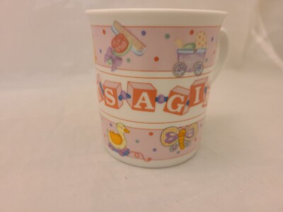 NEW Vintage RUSS  ITS A GIRL  Birth Name Date Weight BABY MUG Porcelain Cup 3'' H