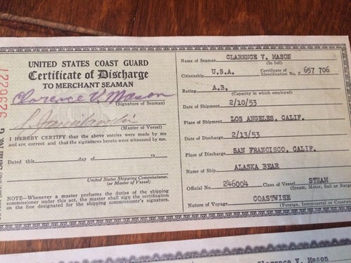 7 1953 U.S. Coast Guard Certificate of Discharge Merchant Seaman Steam Vessels
