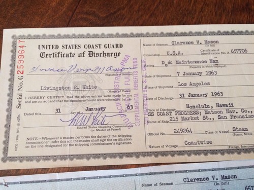 3 1963 U.S. Coast Guard Certificate of Discharge Merchant Seaman Steam Vessels