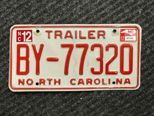 2012 North Carolina License Plate "BY-77320".....TRAILER, RED LETTERS ON WHITE 
