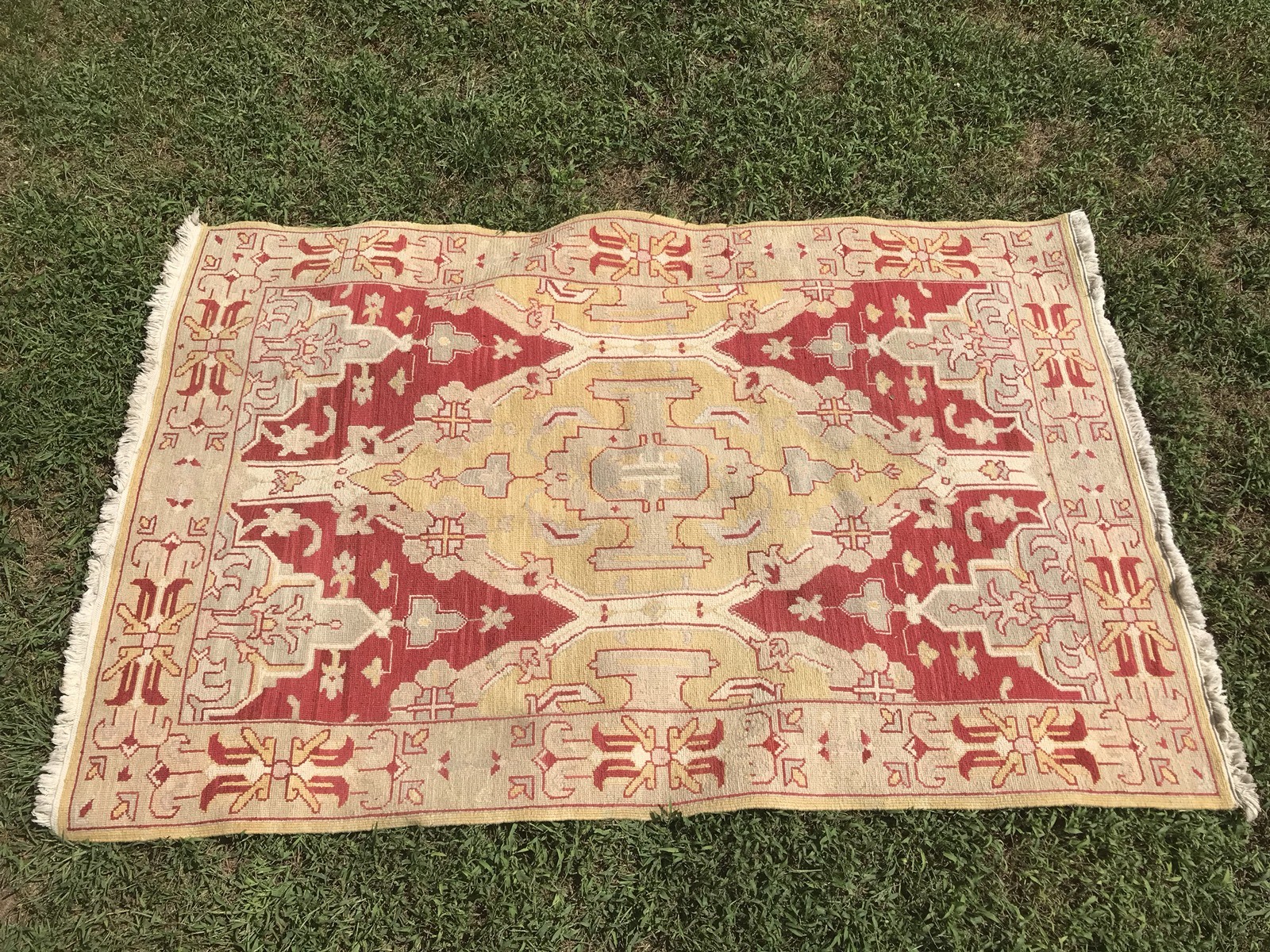 VTG Hand Woven Wool Rug 6'x4' Earth Tones Fleur de Lis Floral Herringbone Braid
