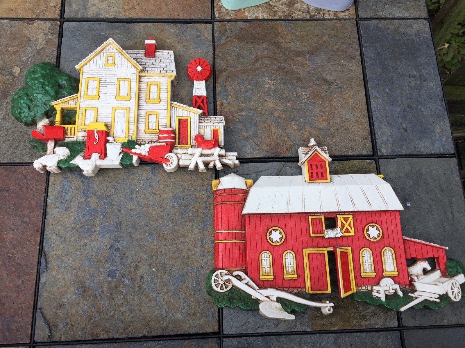Vintage Homco 9/12 SET Plaques Red Barn Silo Water Wheel Windmill Farmhouse ??j8
