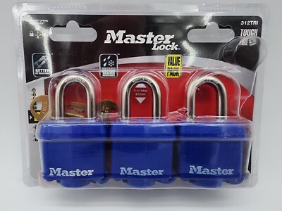 New Master Lock 312Tri 3 Pack blue PadLocks + 2 Keys keyed alike wide lock body